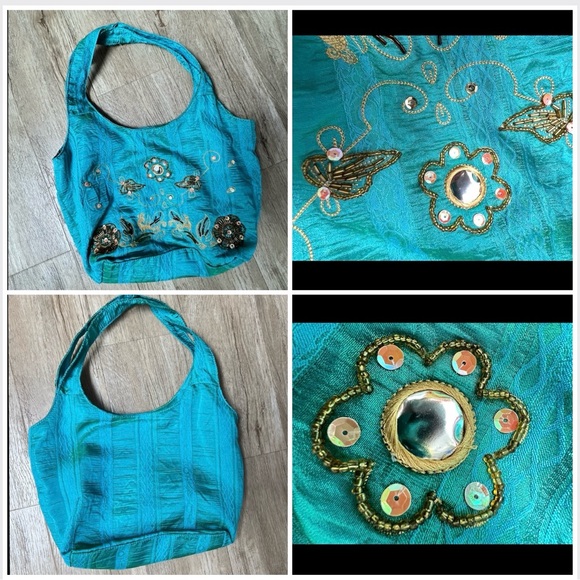 🆕🎁Gold embellished silk-like bright turquoise shoulder purse-vintage-like new - Picture 1 of 16